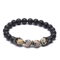 Lava stone and white turquoise beaded bracelet with vintage silver crown accents - Black Lava Stone & Dalmatian Jasper (Antique Silver Crown)