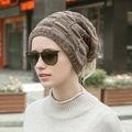 Winter brown knitted beanie hat with textured grid pattern and thick fleece lining - Multifunctional Model / Khaki