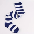 Close-up of blue and white striped thigh high socks with knitted texture details - Royal Blue & White Wide Stripes
