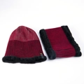 Men's winter knit beanie and scarf set with thick fleece lining in dark red stripes - Red Hat and Scarf Set