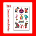 Cartoon circus tatoeage stickers met clowns en olifanten op rode achtergrond - Clown en Optredende Olifant Stijl (WK-003)