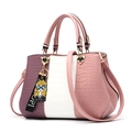 Women's large PU leather tote bag with tricolor purple white pink and crocodile texture - Pink
