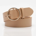 Beige faux leather belt for women featuring a minimalist round golden metal buckle - Khaki