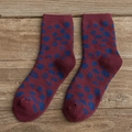 Thick burgundy cotton crew socks with blue leopard print and ribbed cuffs for winter - One Size / Burgundy