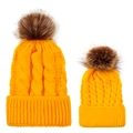 Detail of yellow knit cable hats with faux fur pompons for mother and child - Parent-Child Set / Light Yellow