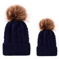 Detail of dark blue cable knit pom pom beanie set for parent and child in thick yarn - Parent-Child Set / Navy Blue