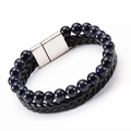 Bracciale a doppio strato in pietra goldstone blu e pelle intrecciata nera con chiusura - Bracciale in Pelle Pietra Arenaria Blu