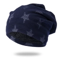 Detail view of navy blue star pattern knit beanie with thick fleece lining for winter warmth - One Size / Navy Blue