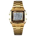 Classic gold multi-function digital sports watch with metal link strap and rectangular dial - Gold