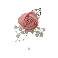 Elegant dusty pink ribbon rose boutonniere with pearls and gold metal leaves - Peach Pink