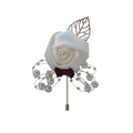 Eleganter cremefarbener Satinrosen-Ansteckstrauß mit Goldblättern und weißen Perlen - Hellcremeweiß
