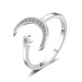 Adjustable silver moon and star open ring with sparkling crystal zircon stones - Adjustable Open / White Gold Plated Copper