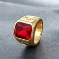 Men's punk gold titanium steel ring with rectangular ruby gemstone and cross relief - Gold Red Stone