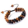 Bracciale a doppia fila con occhio di tigre 8mm e agata nera opaca con cordino regolabile - Occhio di Tigre e Pietra Nera Opaca