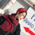 Chic burgundy knit scarf and velvet headband set for women in outdoor autumn setting - Red
