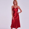 Elegante camisón de raso de seda roja con tirantes finos y un profundo escote en V - M / Burdeos