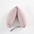U-shaped travel neck pillow in pink striped fabric with adjustable black buckle strap - Pink Stripe