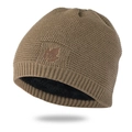 Deep khaki winter knitted beanie with thick fleece lining and maple leaf embroidery - One Size Fleece Lined / Khaki