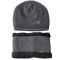 Men's dark grey knitted beanie and fleece-lined neck warmer set with maple leaf logo - One Size Fleece Lined / Grey Set