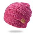 Rose red chunky knit beanie with c.c logo patch and mixed yarn texture on white background - Rose Red White Mixed