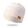 Classic cream knit beanie featuring a ribbed texture and brown leather C.C brand label - With Label / White