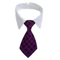 Adjustable white pet collar with classic purple and black checkered British style necktie - Purple and Black Plaid (CW 18)