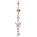 Detailed macro view of rose gold belly button ring with butterfly bow and clear zircons - 1966 Butterfly Rose Gold
