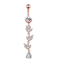 Detailed view of rose gold belly ring with sparkling zircon leaf tassels and pear pendant - 1967 Leaf Rose Gold