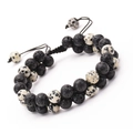 Double row volcanic lava stone and dalmatian jasper beaded bracelet with adjustable cord - Black Lava Stone & Dalmatian Jasper