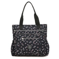 Floral nylon tote bag in black with multi-zipper pockets and red blue white patterns - Moon Flower