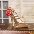 High heel jewelry stand in champagne gold with red mesh flower and ring slots - Royal Brown