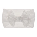 Close-up of a white soft nylon baby headband featuring a delicate lace bow detail. - White