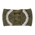 Detail of olive green nylon headband with soft lace edges and central knot for babies - Dark Green