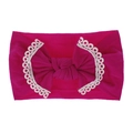 Close-up of rose red baby headband featuring soft knit fabric and white lace trim bow - Rose Red