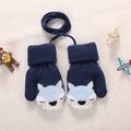 Detail of blue knitted toddler gloves with fox pattern and anti-lost connection string - About 3 years old / Navy Blue