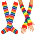 Detail of colorful rainbow striped knit arm warmer with thumb hole for cosplay costumes - One Size / Red (Gloves and Socks Set)