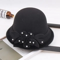 Elegant black wool cloche hat for women with floral accents and pearls for autumn and winter - M / Beaded Flower with Hemming / Black