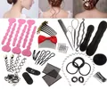 Pink and black hair styling tool kit with bun makers hair needles and hair clips set - 24-Piece Set