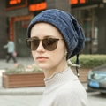 Navy blue knitted beanie with checkered pattern and slouchy style for winter - Multifunctional Model / Navy Blue