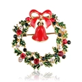 Christmas wreath brooch with rhinestones, green holly leaves, and a red bell pendant - Christmas Wreath Bow Style (xz4888)