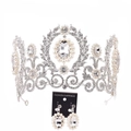 Detalle de tiara de novia y pendientes con diamantes de imitación y perlas elegantes - Estilo de pasador de oreja / Plata/Blanco