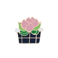 Pink potted plant enamel brooch with green leaves and blue grid pattern pot - Pink Succulent (Potted 2)