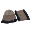 Winter men's ribbed knit beanie and neck warmer set with thick black fleece lining - Khaki Hat & Neck Warmer Set