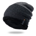 Winter knitted beanie for men featuring thick fleece lining and black-grey textured ribs - Grey Single Hat