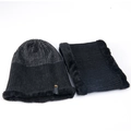 Black and dark grey ribbed knit winter hat and neck warmer set with thick fleece lining - Black Hat & Neck Warmer Set