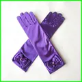 Gants de soirée en satin violet pour filles avec nœuds et pierres précieuses - Violet Foncé Avec Strass