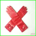 Gants longs en satin rouge pour filles avec nœud et perle pour costumes de fête - Rouge Avec Nœud Et Perles