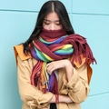 Rainbow striped cashmere-like scarf with long tassels in wine red and multi-color tones - 220x50cm / Burgundy