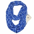 Blue infinity scarf with white geometric patterns featuring a hidden zipper pocket for phone - Clover Pattern Blue