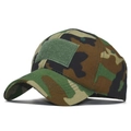 Close-up of camouflage tactical baseball cap showing front hook-and-loop patch panel - Adjustable / Classic Woodland Camo(4)
